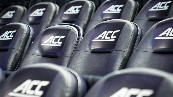 Mar 8, 2024; Greensboro, NC, USA; General view of the ACC logo before the game between Notre Dame vs