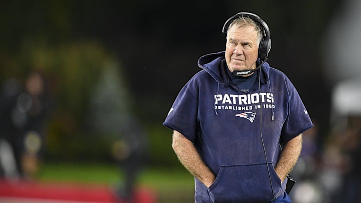 Oct 3, 2021; Foxboro, MA, USA; New England Patriots head coach Bill Belichick walks the sidelines during the second half against the Tampa Bay Buccaneers at Gillette Stadium. 