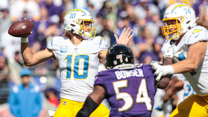 Oct 17, 2021; Baltimore, Maryland, USA; Los Angeles Chargers quarterback Justin Herbert (10) throws