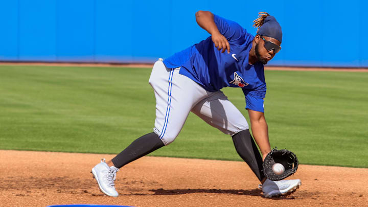 Feb 23, 2021; Dunedin, FL, USA;   Toronto Blue Jays infielder Vlad Guerrero, Jr. takes infield