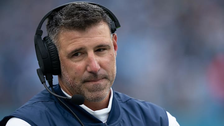 Tennessee Titans head coach Mike Vrabel waits for a referee's decision after throwing the challenge flag against the Carolina Panthers during their game at Nissan Stadium in Nashville, Tenn., Sunday, Nov. 26, 2023.