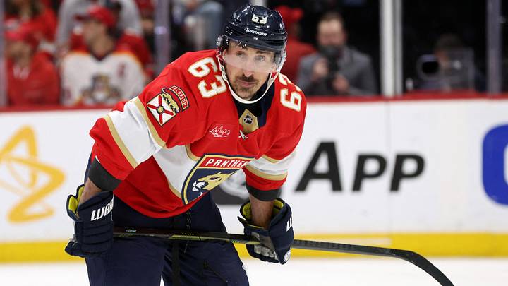 May 11, 2025; Sunrise, Florida, USA; Florida Panthers center Brad Marchand (63) skates against the Toronto Maple Leafs during the second period in game four of the second round of the 2025 Stanley Cup Playoffs at Amerant Bank Arena. Mandatory Credit: Kim Klement Neitzel-Imagn Images