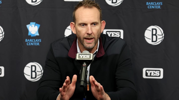Nov 9, 2022; Brooklyn, New York, USA; Brooklyn Nets general manager Sean Marks speaks during a press conference before a game against the New York Knicks at Barclays Center. Mandatory Credit: Brad Penner-Imagn Images