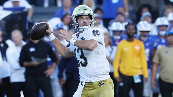 Oct 17, 2026; Provo, Utah, USA;  Notre Dame Fighting Irish quarterback CJ Carr (13) passes against the Brigham Young Cougars during the first half at LaVell Edwards Stadium.  Mandatory Credit: Rob Gray-Imagn Images