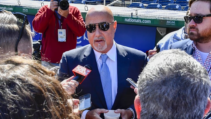 Mar 30, 2023; Washington, District of Columbia, USA; Washington Nationals general manager Mike Rizzo talks with the media before the game against the Atlanta Braves at Nationals Park. Mar 30, 2023; Washington, District of Columbia, USA; Washington Nationals general manager Mike Rizzo talks with the media before the game against the Atlanta Braves at Nationals Park.
