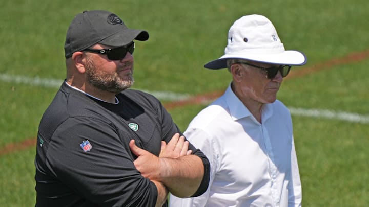 Florham Park, NJ May 31, 2023 -- General manager Joe Douglas and owner Woody Johnson during the Jets OTA. Florham Park, NJ May 31, 2023 -- General manager Joe Douglas and owner Woody Johnson during the Jets OTA.
