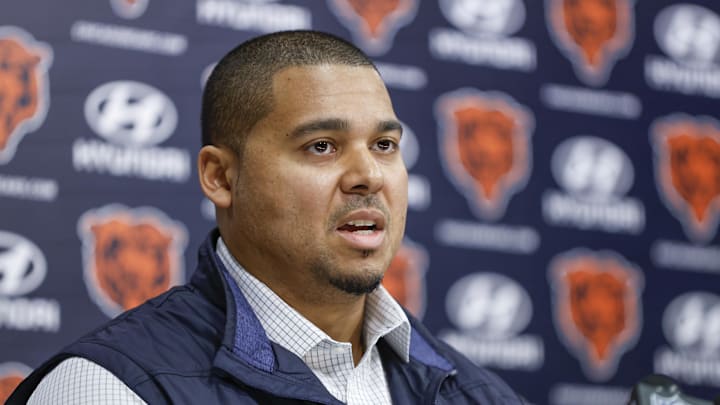 Chicago Bears general manager Ryan Poles speaks to the media.