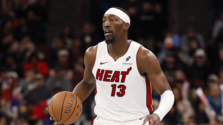 Miami Heat center Bam Adebayo (13) brings the ball up court on November 21, 2025