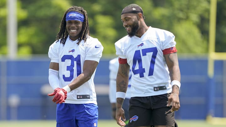 Jun 11, 2025; Orchard Park, NY, USA; Buffalo Bills cornerback Maxwell Hairston (31) and cornerback Christian Benford (47) during Minicamp at Highmark Stadium. Jun 11, 2025; Orchard Park, NY, USA; Buffalo Bills cornerback Maxwell Hairston (31) and cornerback Christian Benford (47) during Minicamp at Highmark Stadium.