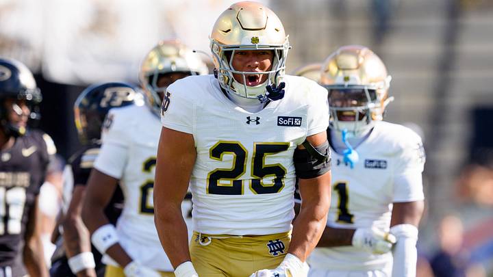 Notre Dame safety Brandon Logan (25) celebrates after getting a stop during a NCAA football game against Purdue at Ross-Ade Stadium on Saturday, Sept. 26, 2026, in West Lafayette. Notre Dame safety Brandon Logan (25) celebrates after getting a stop during a NCAA football game against Purdue at Ross-Ade Stadium on Saturday, Sept. 26, 2026, in West Lafayette.