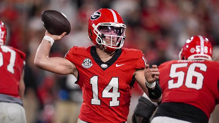 Nov 15, 2025; Athens, Georgia, USA; Georgia Bulldogs quarterback Gunner Stockton (14) throws a pass in the second half against the Texas Longhorns at Sanford Stadium. Mandatory Credit: Dale Zanine-Imagn Images