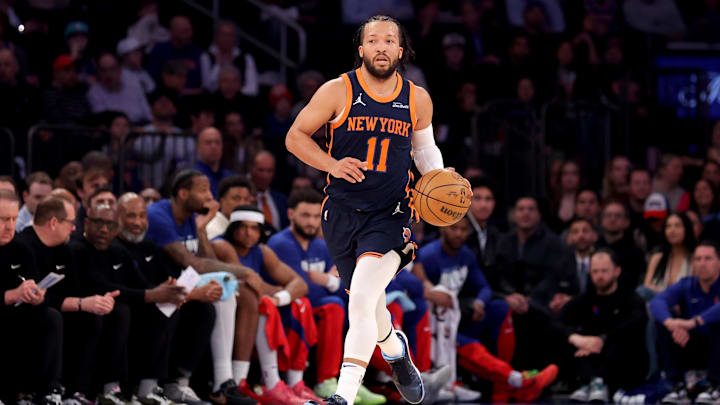 Feb 26, 2025; New York, New York, USA; New York Knicks guard Jalen Brunson (11) brings the ball up court against the Philadelphia 76ers during the first quarter at Madison Square Garden. Mandatory Credit: Brad Penner-Imagn Images