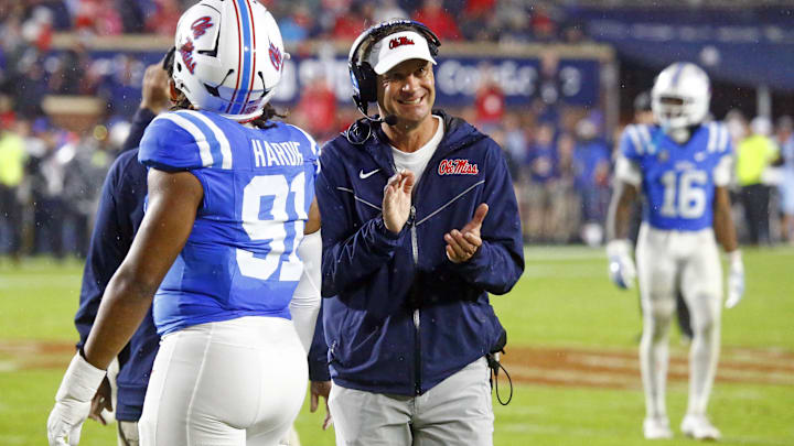 Nov 9, 2024; Oxford, Mississippi, USA; Mississippi Rebels head coach Lane Kiffin reacts near the end of the game during the second half  against the Georgia Bulldogs at Vaught-Hemingway Stadium. Mandatory Credit: Petre Thomas-Imagn Images