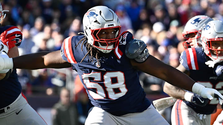 Nov 2, 2025; Foxborough, Massachusetts, USA; New England Patriots center Jared Wilson (58) in coverage during the first half against the Atlanta Falcons at Gillette Stadium. Mandatory Credit: Eric Canha-Imagn Images
