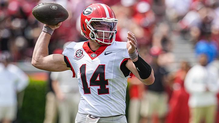 Apr 18, 2026; Athens, GA, USA; Georgia Bulldogs quarterback Gunner Stockton (14) passes the ball during the Georgia Spring football game at Sanford Stadium. Mandatory Credit: Dale Zanine-Imagn Images