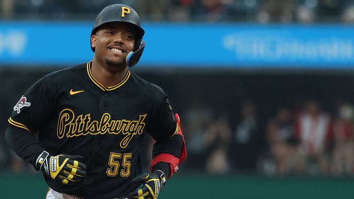 Jun 27, 2026; Pittsburgh, Pennsylvania, USA;  Pittsburgh Pirates pinch Esmerlyn Valdez (55) circles the bases on a solo home run against the Cincinnati Reds during the eighth inning at PNC Park. Mandatory Credit: Charles LeClaire-Imagn Images