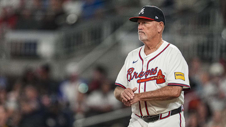 Sep 10, 2025; Cumberland, Georgia, USA; Atlanta Braves manager Brian Snitker (43) on the field against the Chicago Cubs during the eighth inning at Truist Park. Mandatory Credit: Dale Zanine-Imagn Images