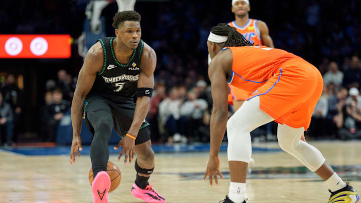 Jan 29, 2026; Minneapolis, Minnesota, USA; Minnesota Timberwolves guard Anthony Edwards (5) is defended by Oklahoma City Thunder guard Luguentz Dort (5) in the second quarter at Target Center. Mandatory Credit: Matt Blewett-Imagn Images Jan 29, 2026; Minneapolis, Minnesota, USA; Minnesota Timberwolves guard Anthony Edwards (5) is defended by Oklahoma City Thunder guard Luguentz Dort (5) in the second quarter at Target Center. Mandatory Credit: Matt Blewett-Imagn Images