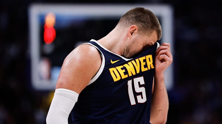 Apr 21, 2025; Denver, Colorado, USA; Denver Nuggets center Nikola Jokic (15) in the third quarter against the Los Angeles Clippers during game two of first round for the 2025 NBA Playoffs at Ball Arena. Mandatory Credit: Isaiah J. Downing-Imagn Images