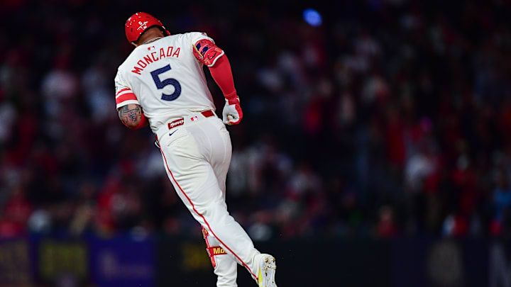 May 27, 2025; Anaheim, California, USA; Los Angeles Angels third baseman Yoan Moncada (5) runs the bases after hitting a solo home run against the New York Yankees during the ninth inning at Angel Stadium. Mandatory Credit: Gary A. Vasquez-Imagn Images