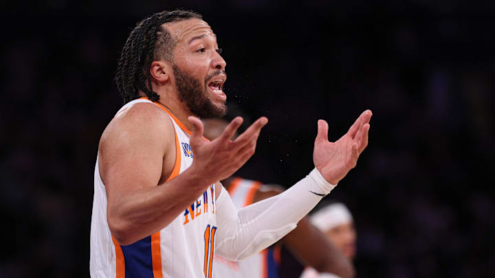 Apr 6, 2025; New York, New York, USA; New York Knicks guard Jalen Brunson (11) reacts during the second half against the Phoenix Suns at Madison Square Garden. Mandatory Credit: Vincent Carchietta-Imagn Images