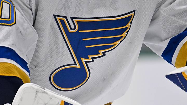 Dec 14, 2024; Dallas, Texas, USA; A view of the Blues logo on the jersey of St. Louis Blues goaltender Jordan Binnington (50) during the game between the Dallas Stars and the St. Louis Blues at American Airlines Center. Mandatory Credit: Jerome Miron-Imagn Images