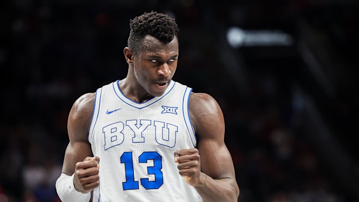 Mar 13, 2025; Kansas City, MO, USA; Brigham Young Cougars center Keba Keita (13) reacts after a play during the second half against the Iowa State Cyclones at T-Mobile Center. Mandatory Credit: William Purnell-Imagn Images Mar 13, 2025; Kansas City, MO, USA; Brigham Young Cougars center Keba Keita (13) reacts after a play during the second half against the Iowa State Cyclones at T-Mobile Center. Mandatory Credit: William Purnell-Imagn Images
