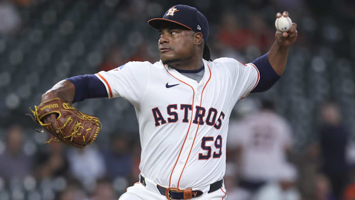 Aug 27, 2025; Houston, Texas, USA; Houston Astros starting pitcher Framber Valdez (59) delivers a pitch during the first inning against the Colorado Rockies at Daikin Park. 