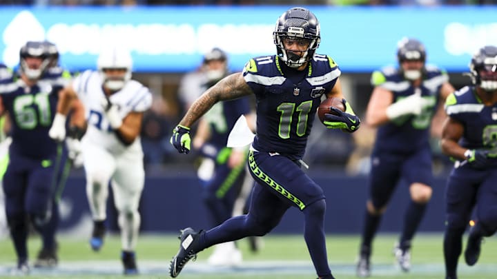 Dec 14, 2025; Seattle, Washington, USA; Seattle Seahawks wide receiver Jaxon Smith-Njigba (11) runs for yards after the catch against the Indianapolis Colts during the third quarter at Lumen Field. Mandatory Credit: Kevin Ng-Imagn Images Dec 14, 2025; Seattle, Washington, USA; Seattle Seahawks wide receiver Jaxon Smith-Njigba (11) runs for yards after the catch against the Indianapolis Colts during the third quarter at Lumen Field. Mandatory Credit: Kevin Ng-Imagn Images