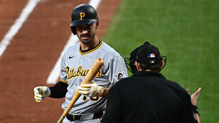 Sep 9, 2025; Baltimore, Maryland, USA;  Pittsburgh Pirates outfielder Bryan Reynolds (10) reacts after a called strike by umpire Alex MacKay (9) during the third inning against the Baltimore Orioles at Oriole Park at Camden Yards. Mandatory Credit: James A. Pittman-Imagn Images
