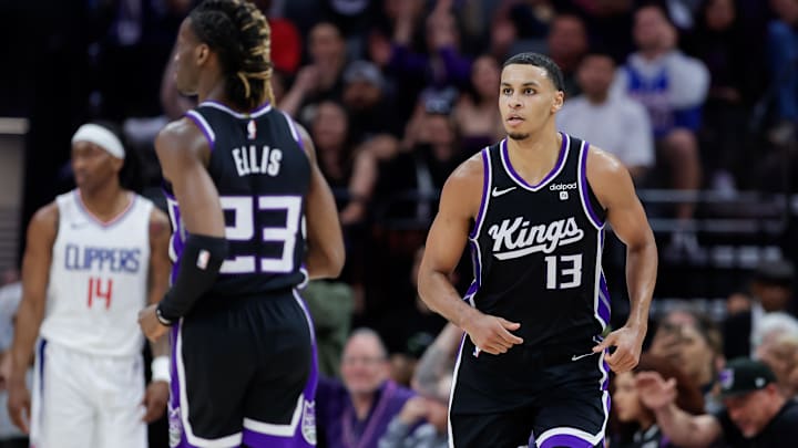 Apr 2, 2024; Sacramento, California, USA; Sacramento Kings forward Keegan Murray (13) reacts after scoring a basket during the third quarter against the LA Clippers at Golden 1 Center. Mandatory Credit: Sergio Estrada-Imagn Images