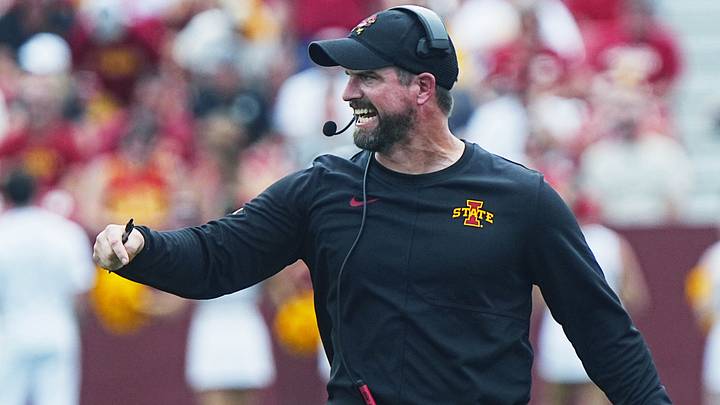 Iowa State football head coach Jimmy Rogers reacts after a touchdown against Southeast Missouri during the first quarter in the week one NCAA football at Jack Trice Stadium on Sept. 5, 2026, in Ames, Iowa. Iowa State football head coach Jimmy Rogers reacts after a touchdown against Southeast Missouri during the first quarter in the week one NCAA football at Jack Trice Stadium on Sept. 5, 2026, in Ames, Iowa.