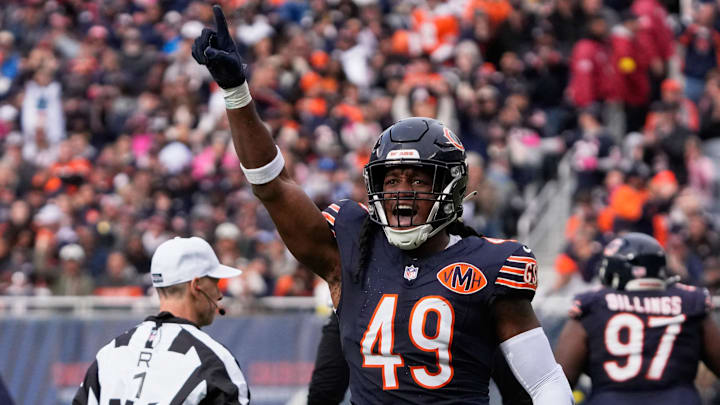 Bears linebacker Tremaine Edmunds reacts after sacking Saints quarterback Spencer Rattler.