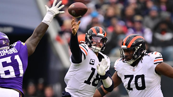 Caleb Williams beats the Vikings pass rush to deliver a strike in the fourth quarter of Sunday's 30-27 Bears loss in overtime.