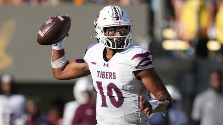 Sep 6, 2025; Berkeley, California, USA; Texas Southern Tigers quarterback KJ Cooper (10) throws a pass against the California Golden Bears during the fourth quarter at California Memorial Stadium. Mandatory Credit: Darren Yamashita-Imagn Images