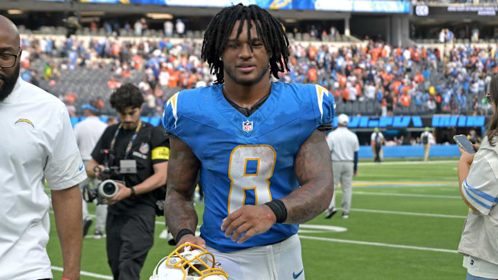 Los Angeles Chargers running back Omarion Hampton. Los Angeles Chargers running back Omarion Hampton.