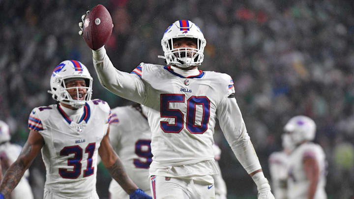 Buffalo Bills defensive end Greg Rousseau celebrates his fumble recovery against the Philadelphia Eagles 