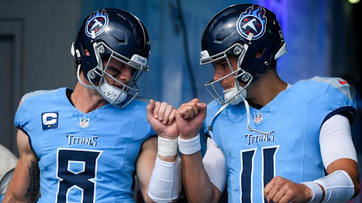 Sep 22, 2024; Nashville, Tennessee, USA; Tennessee Titans Will Levis (8) and quarterback Mason Rudolph (11) take the fieldagainst the Green Bay Packers during pregame warmups at Nissan Stadium. Mandatory Credit: Steve Roberts-Imagn Images Sep 22, 2024; Nashville, Tennessee, USA; Tennessee Titans Will Levis (8) and quarterback Mason Rudolph (11) take the fieldagainst the Green Bay Packers during pregame warmups at Nissan Stadium. Mandatory Credit: Steve Roberts-Imagn Images