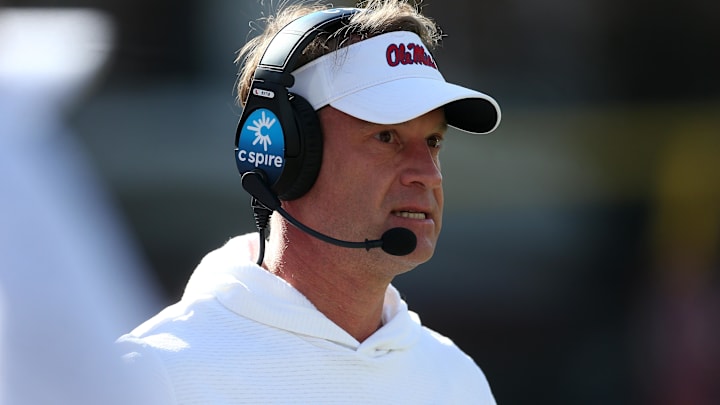 Mississippi Rebels head coach Lane Kiffin looks on in the first half against the Mississippi State Bulldogs at Davis Wade Stadium at Scott Field.