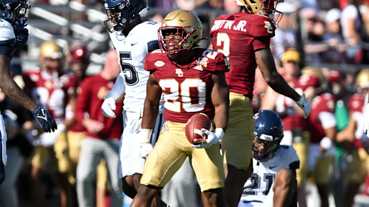 Oct 28, 2023; Chestnut Hill, Massachusetts, USA; Boston College Eagles running back Alex Broome (20) reacts after a first down against the Connecticut Huskies during the first half at Alumni Stadium. Mandatory Credit: Brian Fluharty-Imagn Images