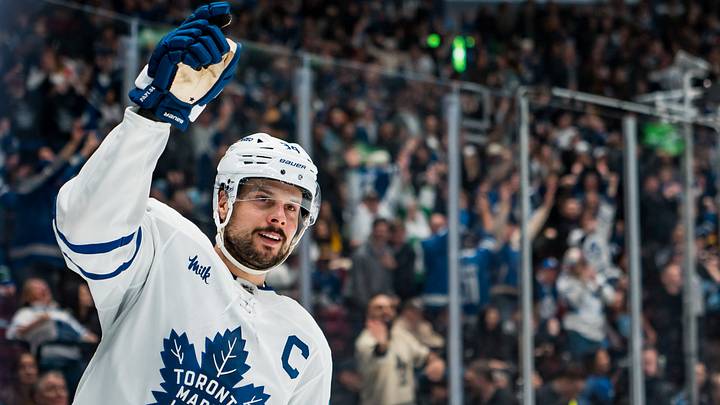 Jan 31, 2026; Vancouver, British Columbia, CAN; Toronto Maple Leafs forward Auston Matthews (34) celebrates his game-winning shootout goal against the Vancouver Canucks at Rogers Arena. Mandatory Credit: Bob Frid-Imagn Images