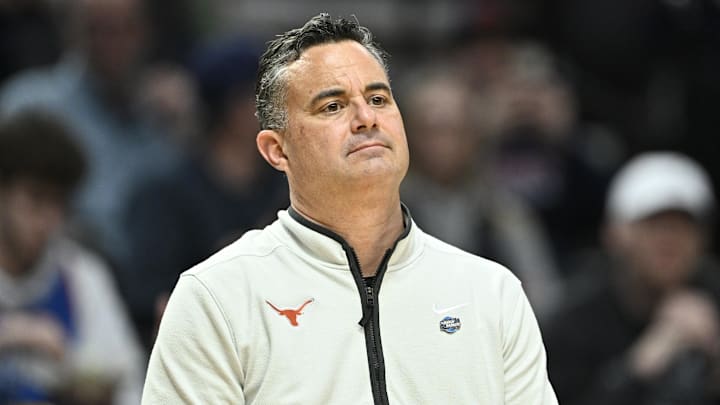 Texas Longhorns head coach Sean Miller in the first half against the BYU Cougars during a first round game of the men's 2026 NCAA Tournament.