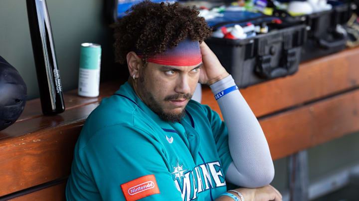 Feb 25, 2026; Surprise, Arizona, USA; Seattle Mariners infielder Josh Naylor against the Kansas City Royals during a spring training game at Surprise Stadium. Mandatory Credit: Mark J. Rebilas-Imagn Images