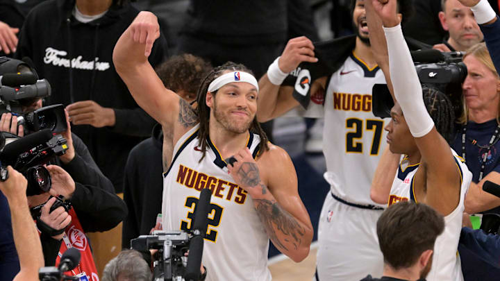 Apr 26, 2025; Inglewood, California, USA; Denver Nuggets forward Aaron Gordon (32) celebrates after the game winning dunk to defeat the Los Angeles Clippers 101-99 in game four of round one of the 2024 NBA Playoffs at Intuit Dome. Mandatory Credit: Jayne Kamin-Oncea-Imagn Images