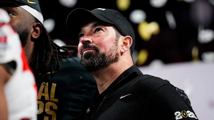 Ohio State Buckeyes head coach Ryan Day reacts after defeating Notre Dame Fighting Irish in the College Football Playoff championship game at Mercedes-Benz Stadium in Atlanta on Jan. 21, 2025.