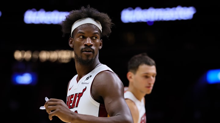 Oct 13, 2024; Miami, Florida, USA; Miami Heat forward Jimmy Butler (22) looks on against the New Orleans Pelicans during the second quarter at Kaseya Center. Mandatory Credit: Sam Navarro-Imagn Images