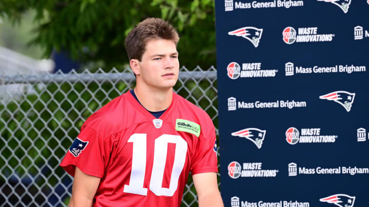 Jun 12, 2024; Foxborough, MA, USA;  New England Patriots quarterback Drake Maye (10) walks to practice at minicamp at Gillette Stadium.  Mandatory Credit: Eric Canha-USA TODAY Sports