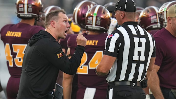 Arizona State head coach Kenny Dillingham yells at a referee on the sidelines during their game against the Kansas Jayhawks at Mountain America Stadium in Tempe on Oct 5, 2024.