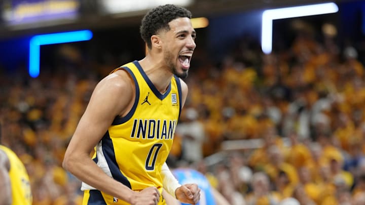 Indiana Pacers guard Tyrese Haliburton (0) reacts after a play against the Oklahoma City Thunder during the second half during game four of the 2025 NBA Finals at Gainbridge Fieldhouse. 