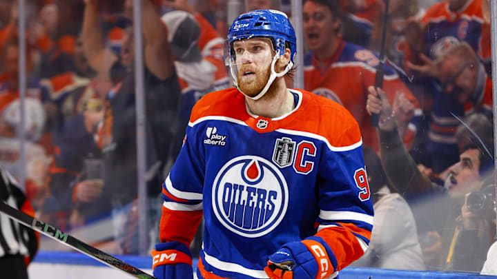 Jun 14, 2025; Edmonton, Alberta, CAN; Edmonton Oilers center Connor McDavid (97) celebrates scoring during the third period against the Florida Panthers in game five of the 2025 Stanley Cup Final at Rogers Place. Mandatory Credit: Perry Nelson-Imagn Images